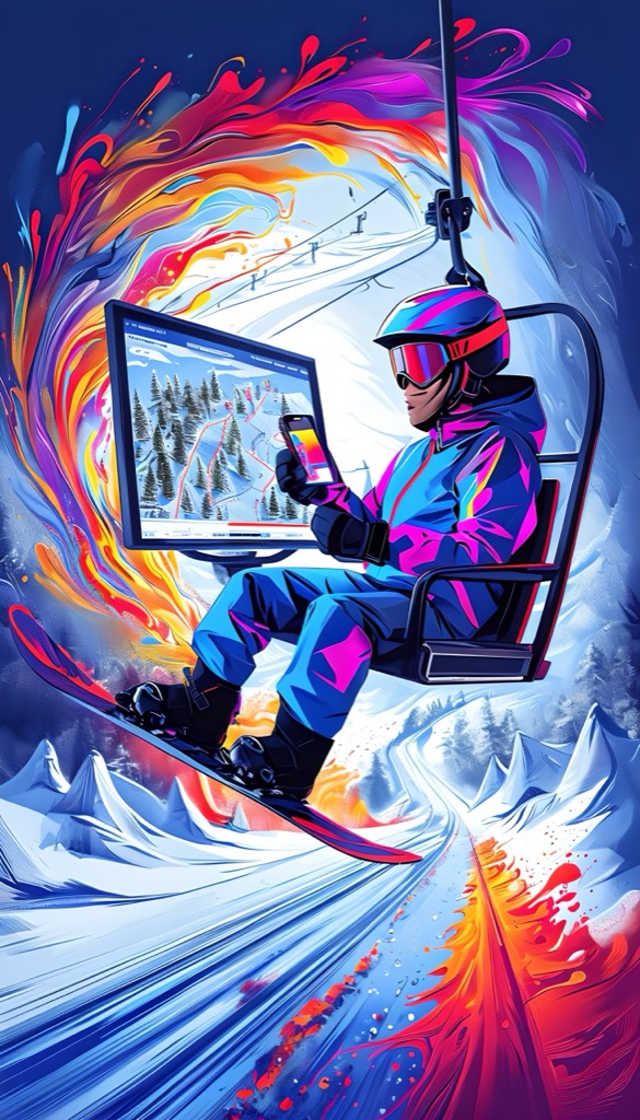 Bonvo app illustration — rider on a chairlift with the map open